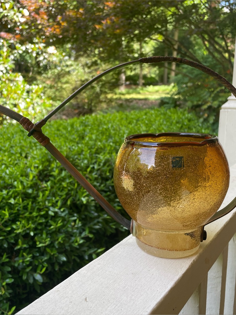 Vintage Amici Italian Blown Amber Bubble Glass Watering Can - Copper - Rattan